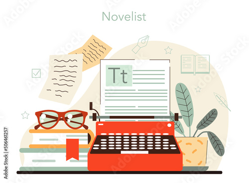 Writer concept. Author writing script of a novel. Bestseller publishing
