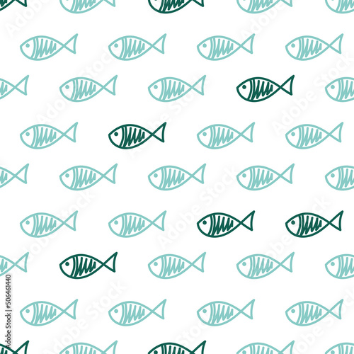 Vector fishes doodles seamless pattern.. Cute hand drawn illustration. Perfect for textile print, baby shower, kids bedroom decor, birthday party, packaging design, wrapping paper