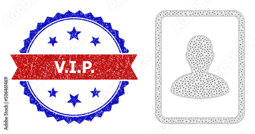 Polygonal man photo wireframe icon, and bicolor scratched V.I.P. watermark. Polygonal wireframe illustration based on man photo icon. Vector imprint with V.I.P.