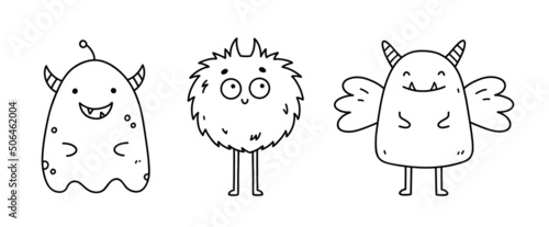 Set of cute and funny monsters isolated on white background. Vector hand-drawn illustration in doodle style. Perfect for Halloween designs, cards, logo, decorations. Cartoon characters.