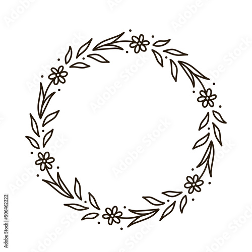 Spring floral wreath isolated on white background. Round frame with flowers. Vector hand-drawn illustration in doodle style. Perfect for cards, invitations, decorations, logo, various designs.