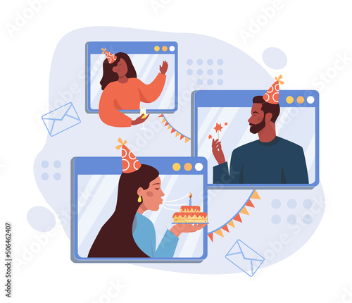 Online communication concept. Characters with smart digital technologies.