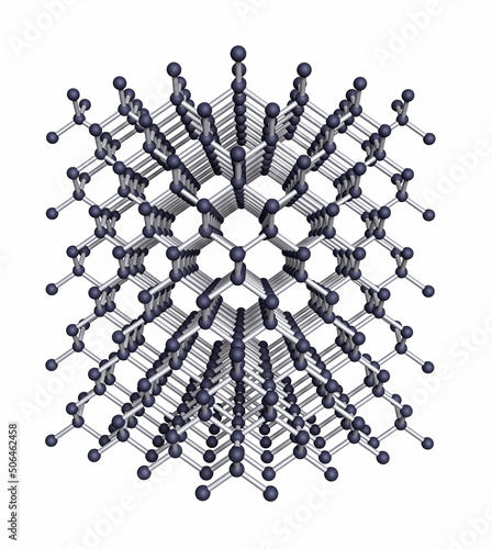 Diamond is an allotrope of carbon. The six-membered ring inner structure is a three-dimensional network of tetrahedral carbon atoms held together by strong carbon-carbon bonds.