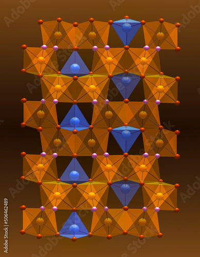 Topaz is a silicate mineral, Al2SiO4F2. The octahedral Al atoms (brown) are bonded to four O atoms (orange) and two F atoms (pink). The Si atoms (blue) form SiO4 tetrahedra.                  