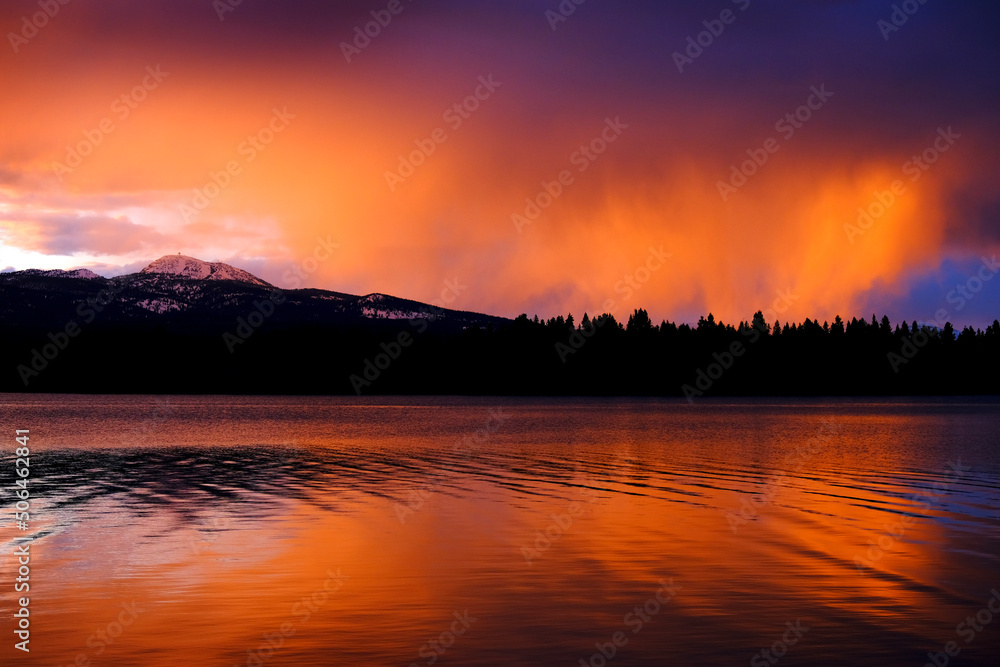 Lake at Sunset or Sunrise Clouds and Sky Reflecting Reflection Mt Sawtelle in Water
