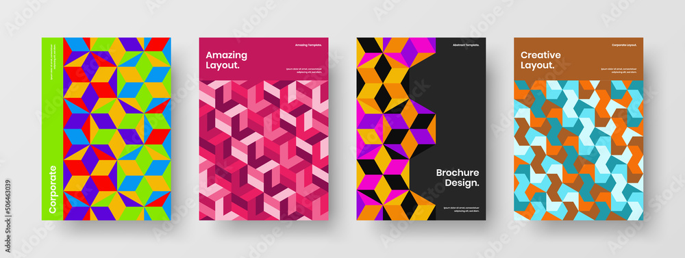 Minimalistic geometric tiles pamphlet layout composition. Simple corporate cover design vector illustration bundle.