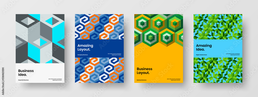Isolated company cover A4 design vector concept bundle. Abstract geometric shapes handbill layout set.