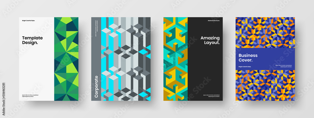 Fototapeta premium Amazing postcard A4 design vector illustration collection. Creative geometric tiles journal cover template set.