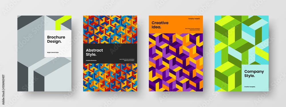 Fototapeta premium Colorful cover A4 design vector template composition. Unique mosaic tiles leaflet illustration set.