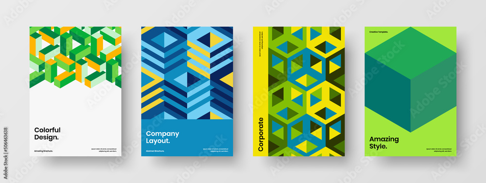 Unique cover design vector illustration composition. Bright geometric pattern handbill layout set.