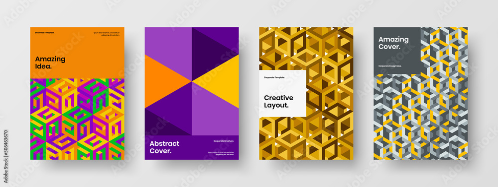 Fototapeta premium Colorful leaflet A4 vector design illustration bundle. Minimalistic geometric tiles front page concept collection.