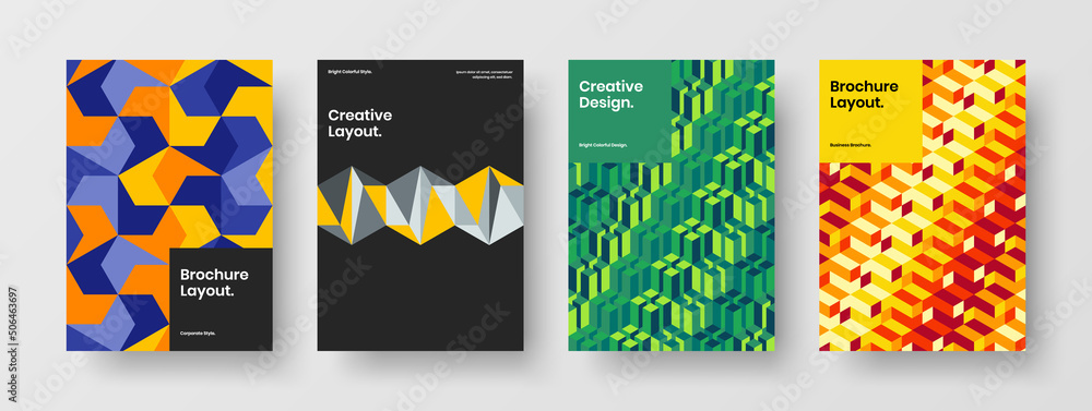Naklejka premium Simple mosaic hexagons booklet layout bundle. Bright catalog cover A4 design vector template set.