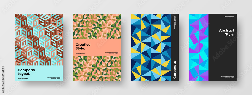Modern pamphlet design vector template set. Isolated mosaic shapes journal cover layout bundle.