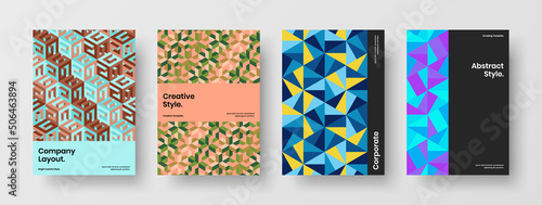 Modern pamphlet design vector template set. Isolated mosaic shapes journal cover layout bundle.