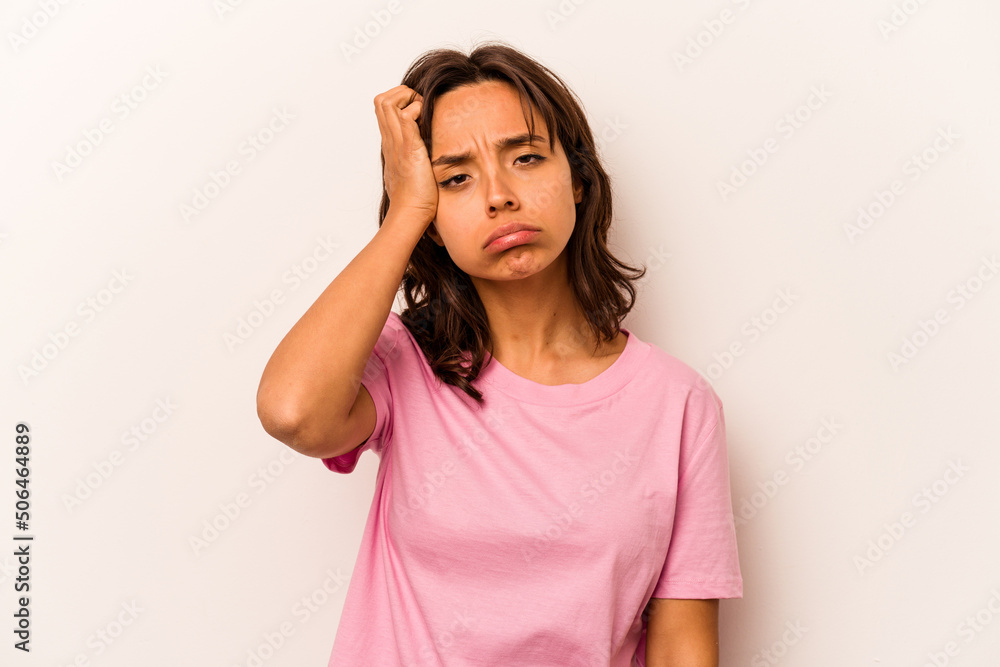 Young hispanic woman isolated on white background tired and very sleepy keeping hand on head. Young hispanic woman isolated on white background tired and very sleepy keeping hand on head.