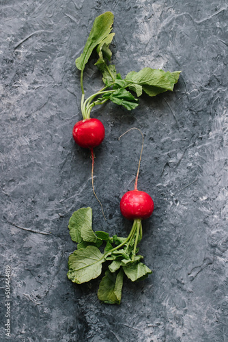 Two organic red radish's with greenery on a black and white background