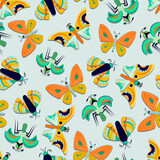 Pattern of butterflies and insects on blue background. vector illustration.