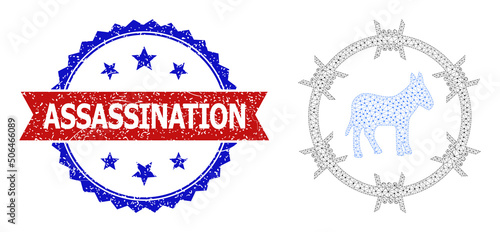 Triangular donkey arrest frame icon, and bicolor textured Assassination seal stamp. Polygonal wireframe symbol is designed with donkey arrest icon.