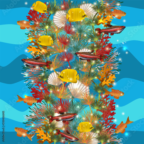 Seamless pattern, underwater banner with shell and tropical fish. vector illustration