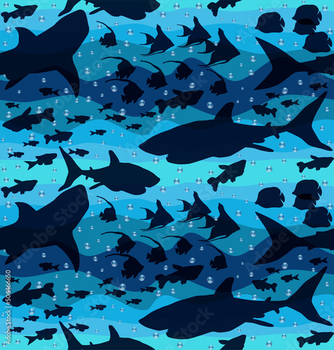 Seamless pattern, underwater background with shark and tropical fish. vector illustration