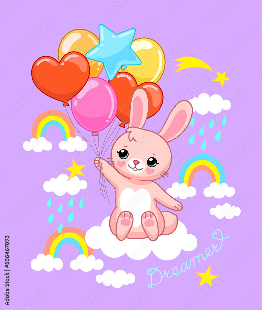 Bunny with balloons and rainbows in the sky. Vector illustration Bunny with balloons and rainbows in the sky. Vector illustration