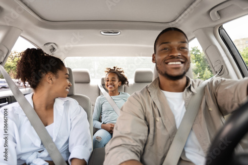 Joyful Black Family Driving New Car Having Ride In City
