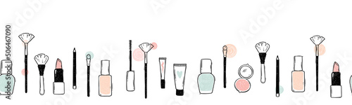 Lovely hand drawn make up seamless pattern, doodle beauty items, great for textiles, banners, wrapping, packaging - vector design