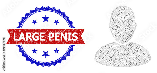 Mesh user carcass icon, and bicolor textured Large Penis seal stamp. Mesh wireframe image designed with user icon. Vector watermark with Large Penis title inside red ribbon and blue rosette,