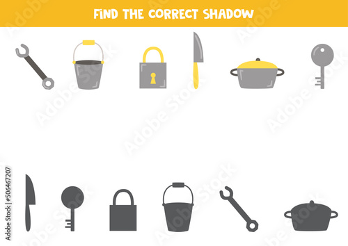 Find the correct shadows of metal objects. Logical puzzle for kids.
