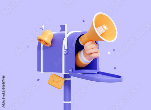 Fototapeta Naklejka Na Ścianę i Meble -  3D Open Mailbox with Hand holding Megaphone. Email News and advertising concept. Mail announce. Newsletter business marketing and promotion. Cartoon illustration isolated on background. 3D Rendering