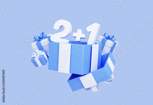 Sale marketing concept with buy 2 get 1 free promotion. Black Friday discount. Special offer take 3 pay 2. Banner template with gift boxes isolated on blue background. 3D Rendering