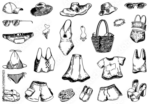 Summer time sketches collection. Drawings set of clothes, accesories, bags, hats, swimsuits. Hand drawn vector illustrations. Cliparts isolated on white.