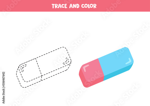 Trace and color cartoon eraser. Worksheet for kids.