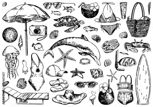 Beach vacation sketches collection. Drawings set of leisure accesories, cocktails, sea animals, swimsuits. Hand drawn vector illustrations. Cliparts isolated on white.