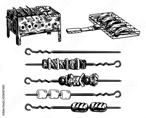 Barbecue sketches collection. Drawings of grill, skewers, meat. Hand drawn vector illustrations. Cliparts set isolated on white background.