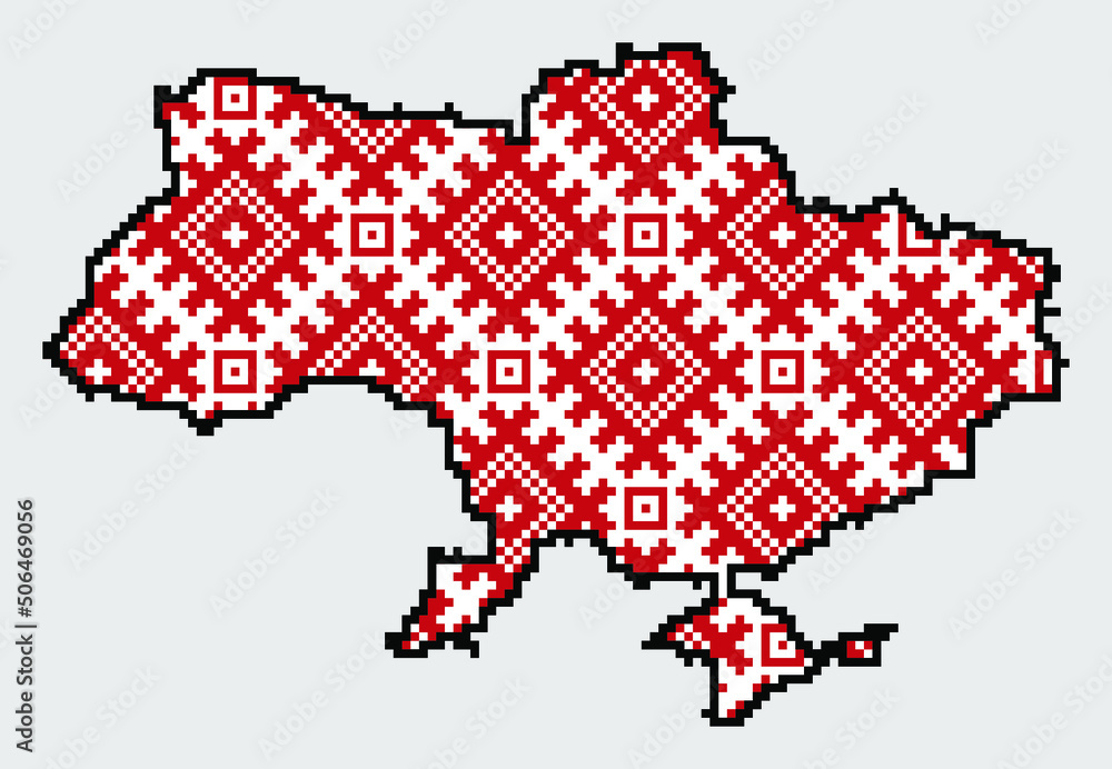 Ukraine map in traditional embroidery pattern colors - blue, yellow, red and black. Pixel art vector illustration. Support Ukraine. Political or geographical design element on grey background