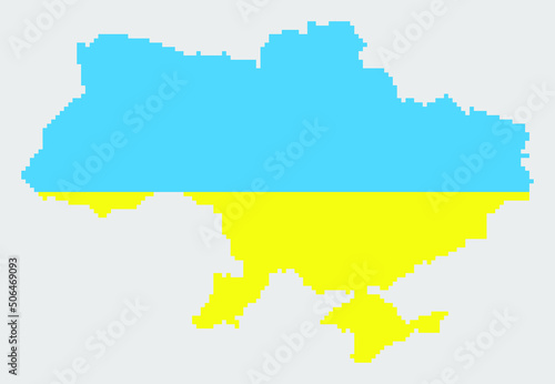 Ukraine map in traditional embroidery pattern colors - blue, yellow, red and black. Pixel art vector illustration. Support Ukraine. Political or geographical design element on grey background