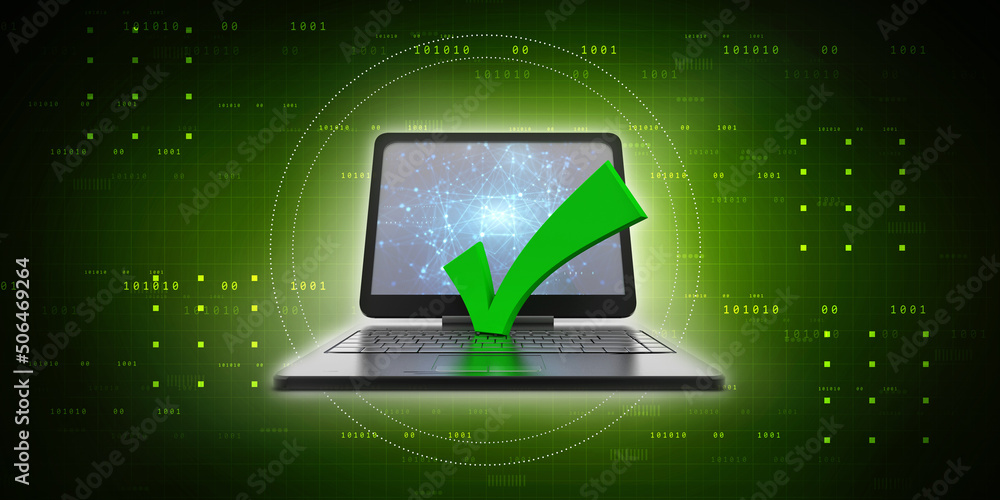 3d illustration Checkbox Tick on laptop 3d illustration Checkbox Tick on laptop