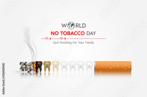 World No Tobacco Day. Heart bit line and cigarette. Dangers of smoking. Smoking effect on lung with people around and family. 3D vector Illustration.