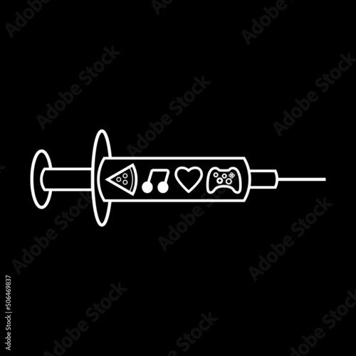 My drugs is pizza, music, sex and games. Icons of pizza, music, heart and  joystick in syringe on black background. Vector illustration.