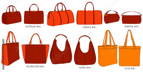 Types of bags. Coloring set of stylish bulky women's bags. Bowling, hobo, trapezoid, duffle, barrel, tote. Collection of luxury modern accessories.