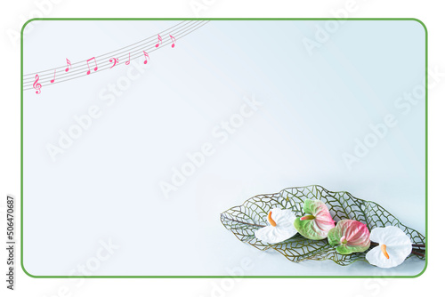 アンスリウムと網目の葉の花束の楽譜・フレーム（造花・灰色の背景）