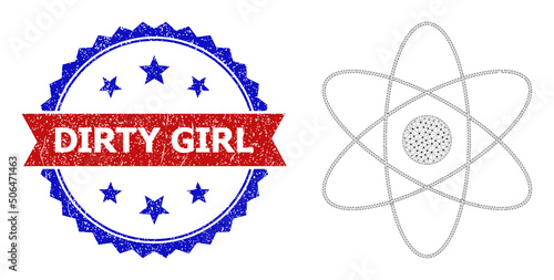 Polygonal atom orbits model illustration, and bicolor unclean Dirty Girl seal stamp. Polygonal carcass illustration designed with atom orbits icon.