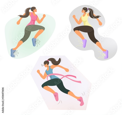 A set of female characters doing athletics. The running woman strives for victory. The girls go in for sports. The concept of a healthy lifestyle. Vector illustration. Modern flat style for run day.