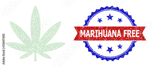 Mesh cannabis leaf model icon, and bicolor unclean Marihuana Free seal. Mesh wireframe image designed with cannabis leaf icon.