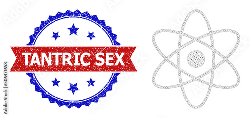Polygonal atom framework icon, and bicolor dirty Tantric Sex seal stamp. Polygonal carcass symbol is designed with atom icon. Vector seal with Tantric Sex text inside red ribbon and blue rosette,