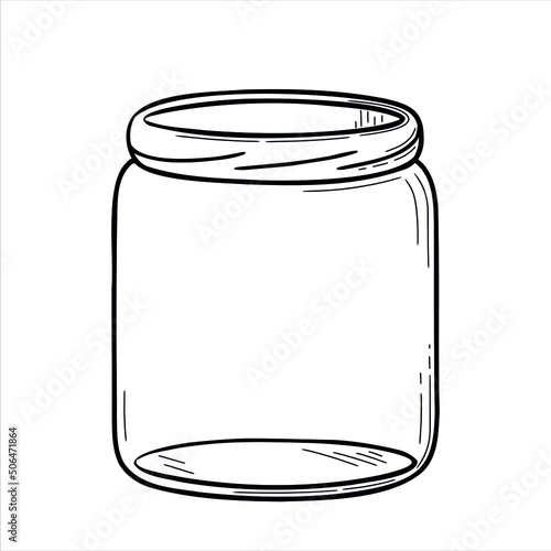 Empty glass jar. Doodle sketch style. Line drawing simple jar. Isolated vector illustration.
