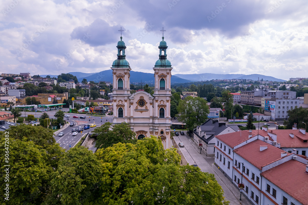Bielsko-Biala from a drone on a sunny day. Town Hall and the characteristic buildings in the city.