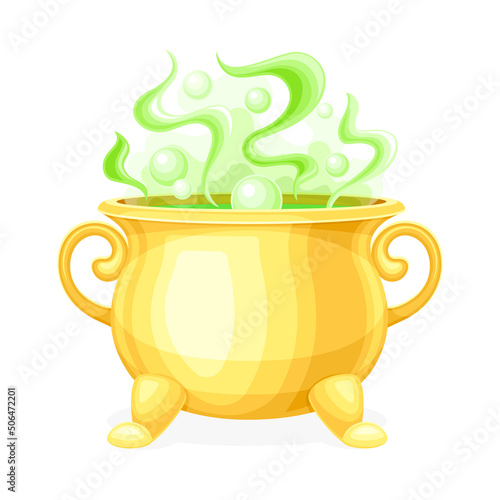 Boiling Witch Yellow Cauldron with Steaming Poison as Magical Object and Witchcraft Item Vector Illustration
