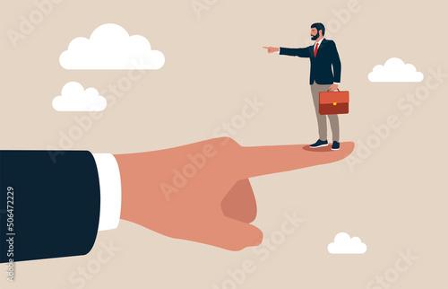 Tiny businessman standing on giant hand pointing in opposite direction. Employee conflict direction, argument between coworker, different thought, disagreement or opposite way, decision issue concept.
